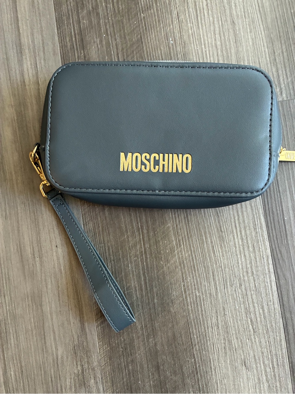 Moschino x airline travel Leather-Look Zip Wristlet with Gold Logo